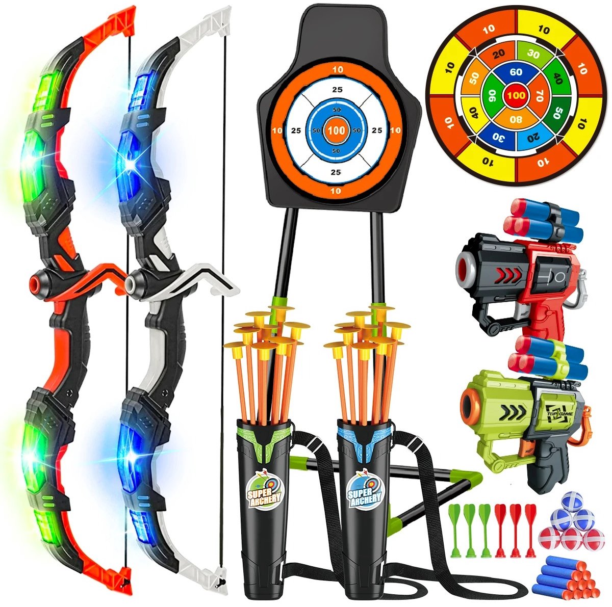 Boogschiet Speelgoedset voor Kinderen – LED Light-Up Boog met Pijlen & Zuignappen – Inclusief Doelstandaard & Dartbord – Indoor & Outdoor Speelgoed