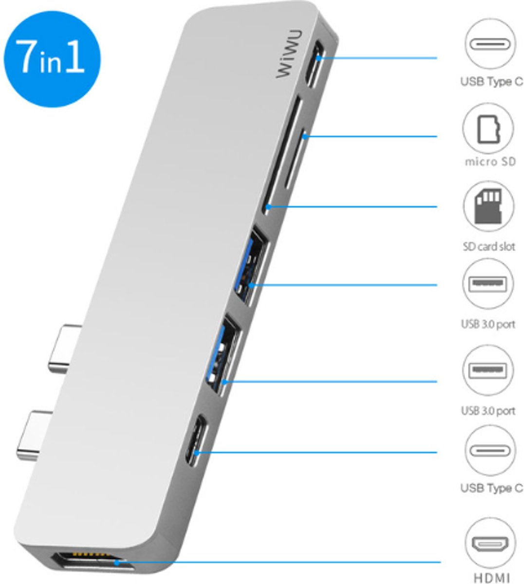 T8 USB Hub 7 in 1 Type-C Hub 3.0 Dual Type-C voor Macbook Pro USB-C Adapter met HDMI 4K Video PD Kaart SD/TF 3.0 USB Poort - Zilver