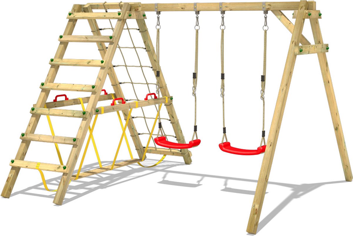 WICKEY Schommel Smart Hike rood, met Klimaanbouw - Houten schommel, Kinderschommel