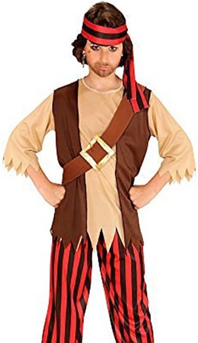 Piratenpak - shirt met vest, riem, broek, hoofdband - 8/10 jaar - 140 cm