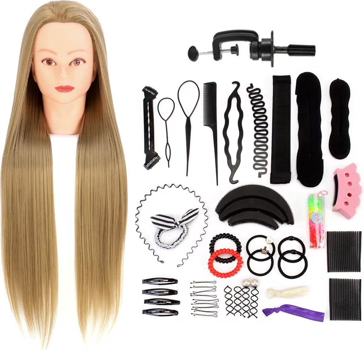 Kappershoofd Oefenhoofd Kapperspop met Statief en Styling Accessoires - Kappers Hoofd - Blond Haar - 65 cm