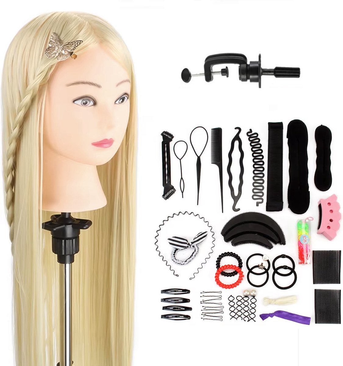   Oefenhoofd - Kapperspop - Kappershoofd Blond haar - Met statief en Styling Accessoires - 65 cm