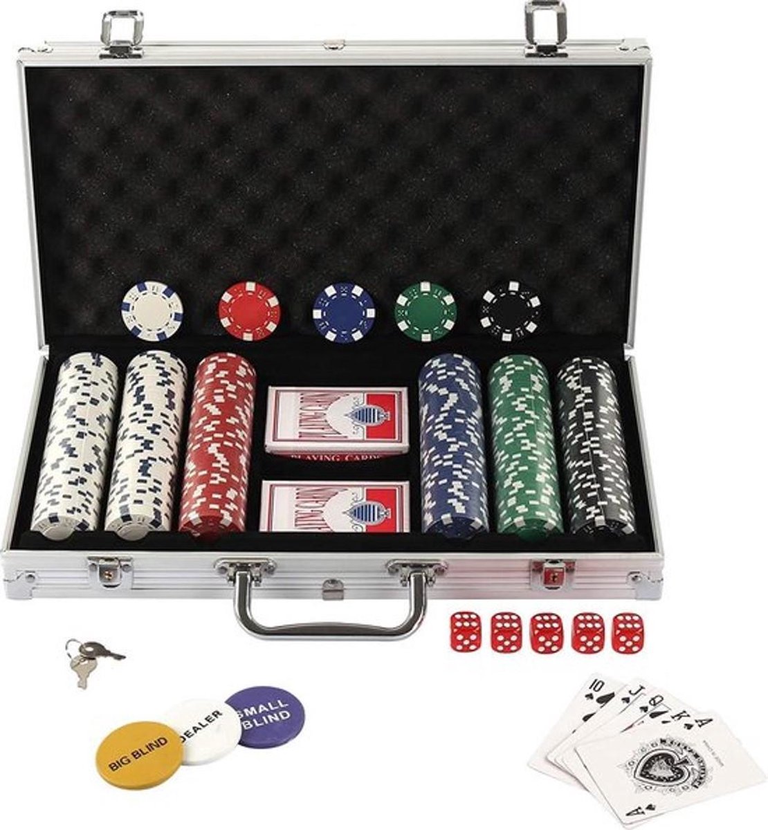 Casino Royale Pokerset 300 Chips in Aluminium Koffer inclusief gratis Ebook ‘Poker for Dummies’ - 300 chips (11,5 gr) - 2 decks - 5 dices - dealer button - small blind button - big blind button