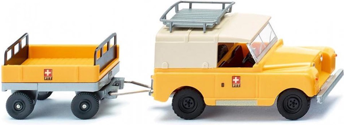 miniatuurauto Land Rover met aanhanger zink 1:87 geel