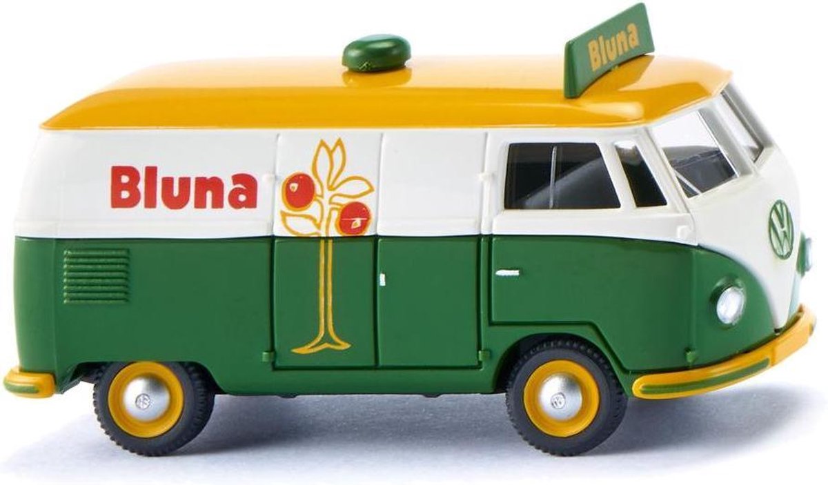 miniatuurbusje VW T1 Bluna die-cast zink 1:87 groen/oranje