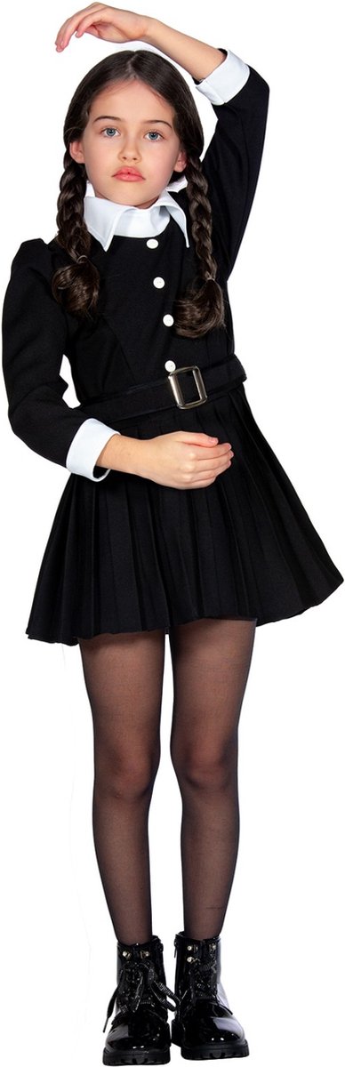 Wilbers - Horror Films Kostuum - Wednesday Addams Eerste Dag Op School - Meisje - zwart - Maat 128 - Halloween - Verkleedkleding