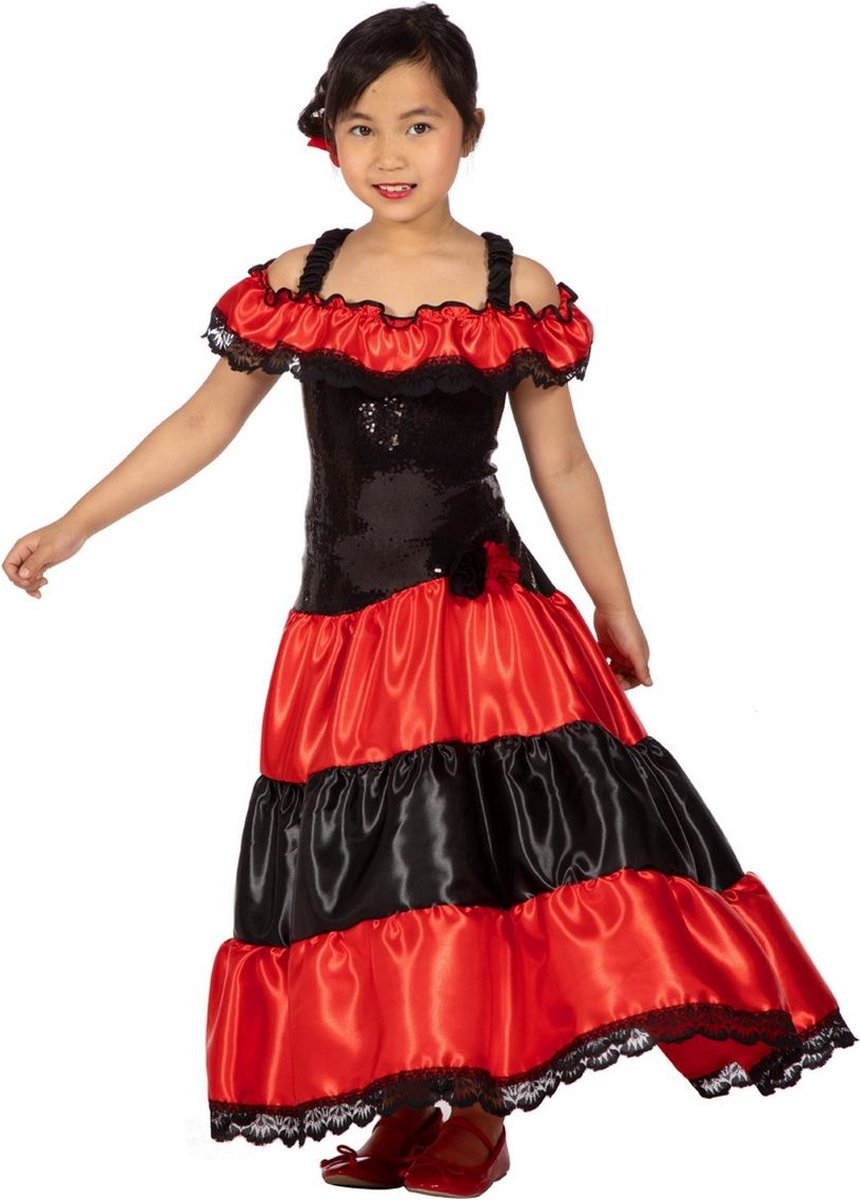 Wilbers - Spaans & Mexicaans Kostuum - Bonita Danseres Ole - Meisje - rood,zwart - Maat 116 - Carnavalskleding - Verkleedkleding