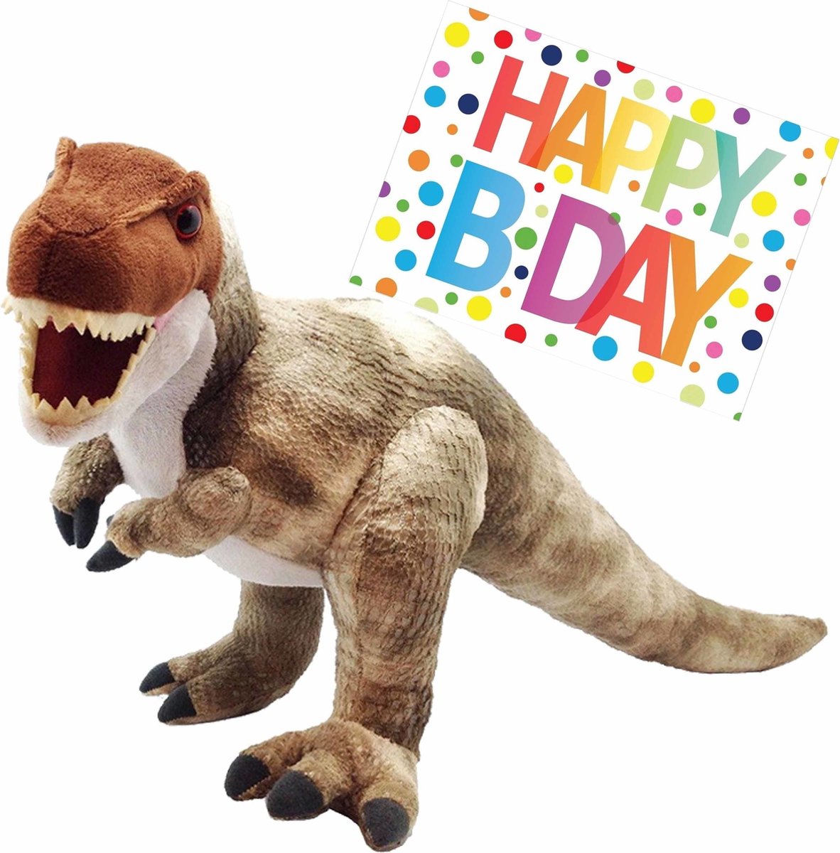 Pluche knuffel Dino T-rex 48 cm met grote A5-size Happy Birthday wenskaart - Verjaardag cadeau setje - Een knuffel sturen