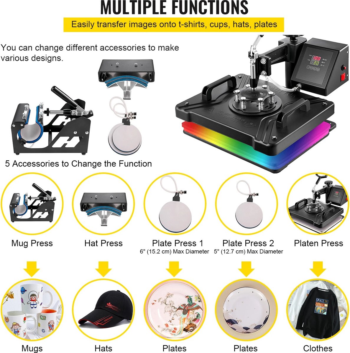   Warmte Pers Machine - Heat Press - 5 in 1 -   - Kleding Bedrukken - Mok Berukken - Petten Bedrukken - Plaat, T-shirt - En nog veel meer - Zwart