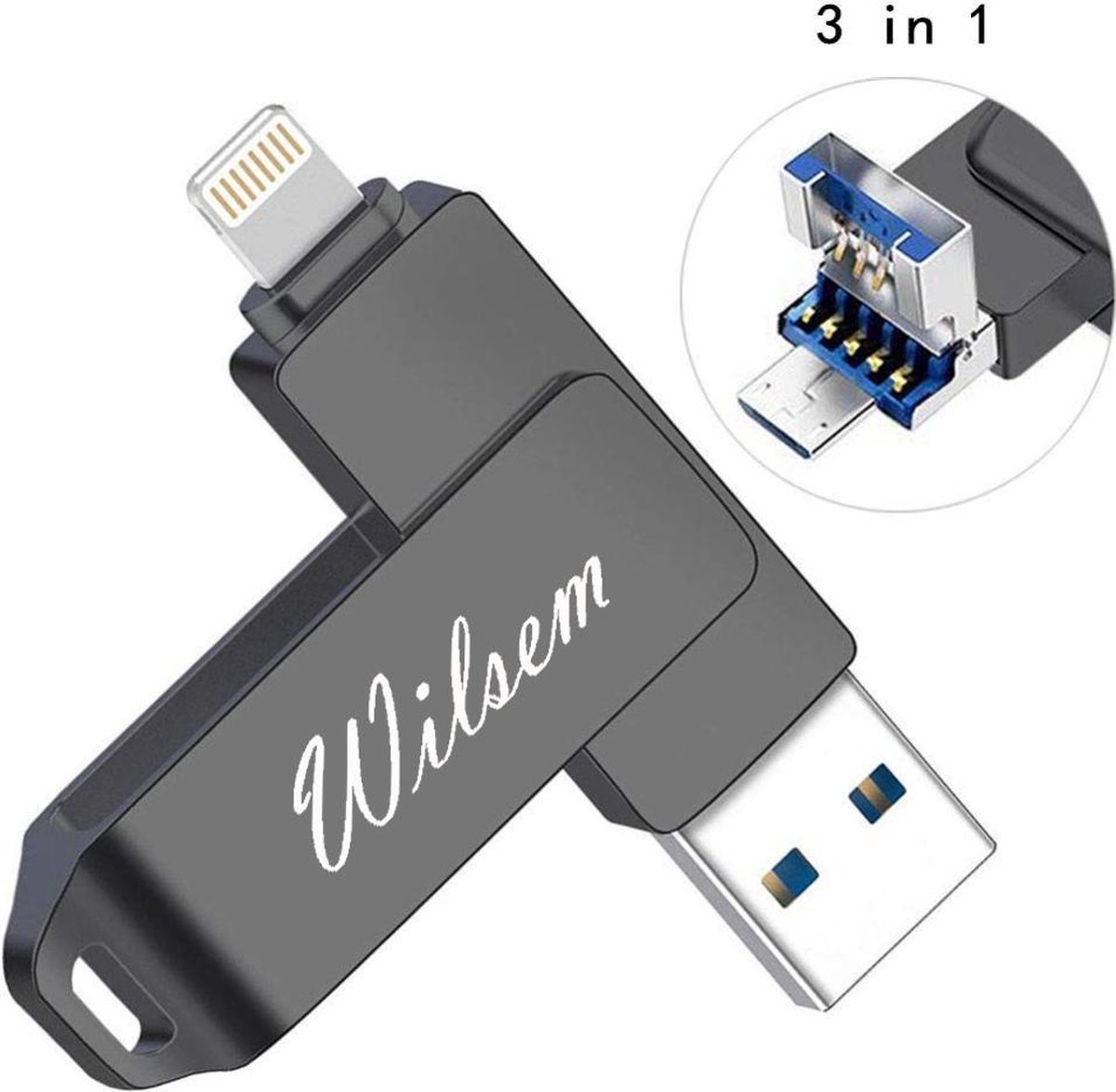 Wilsem USB Stick 3.0 64 GB voor Apple met Geschenkdoos – Iphone - Ipad – Lightning USB– Micro USB – Geheugenstick – Flashdrive – Memorystick – Data Opslag – Insteekgeheugen -  Dual Stick – Dubbele USB Stick - Zwart