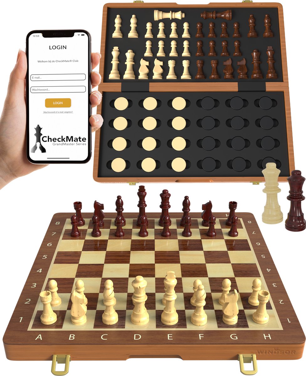   Schaakbord met Schaakstukken - Damstenen - 40 cm - Annotaties - Schaakset - Magnetisch Schaakspel - Chess Set - Hout
