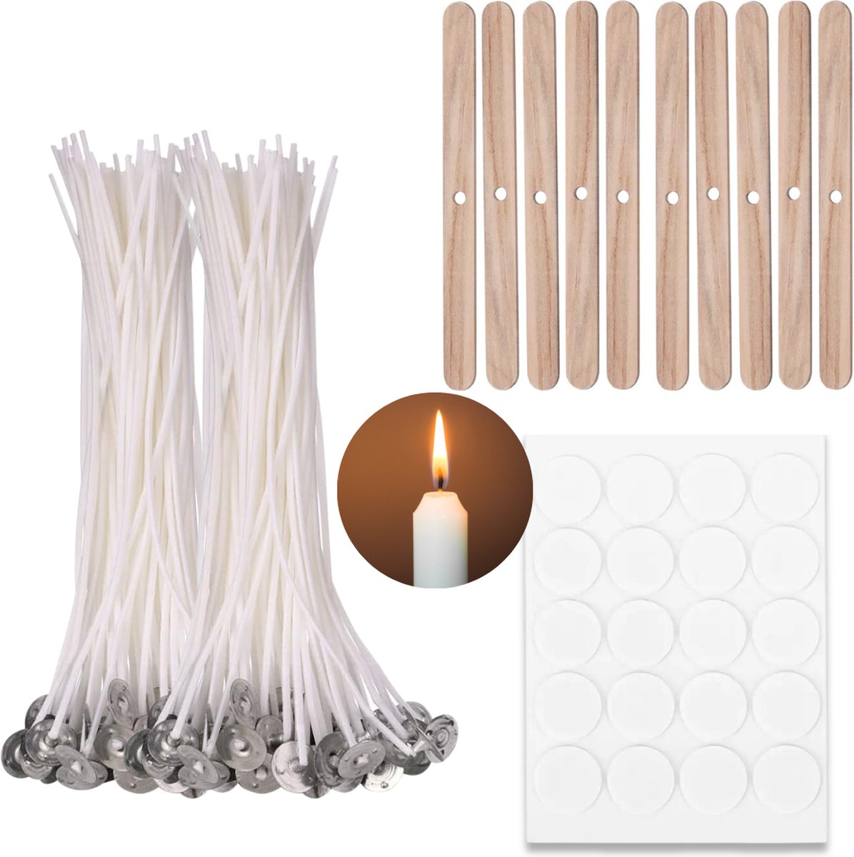 Kaarsen maken Set: 100  en 15CM, 20 Lonthouders, 20 Lontstickers - Maak zelf lange kaarsen - Lonten/Stokjes