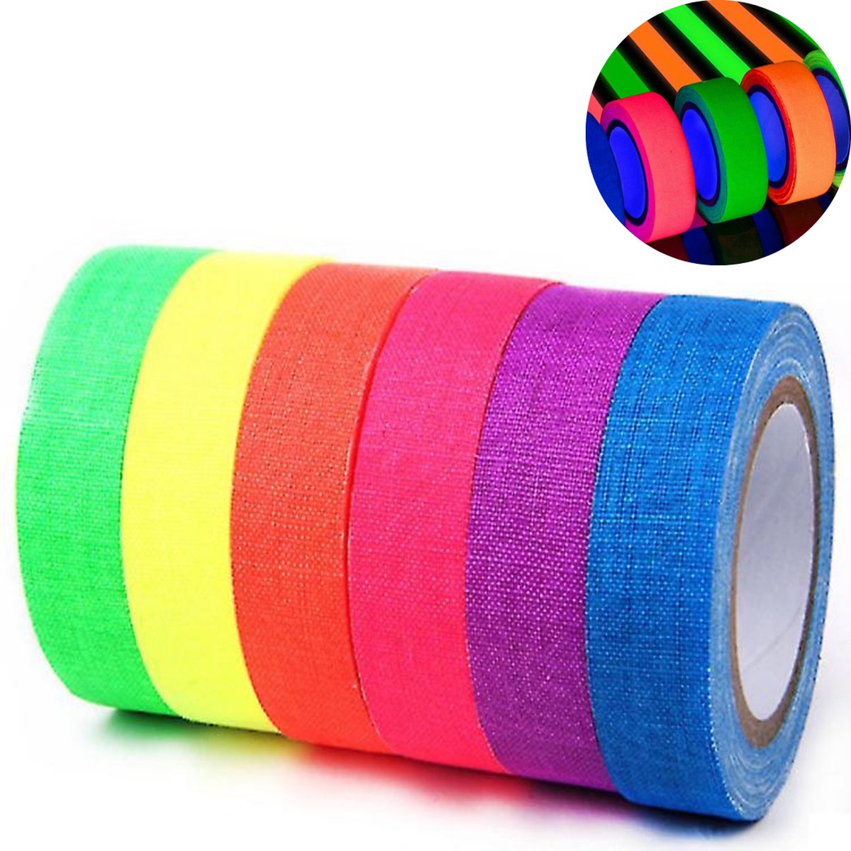 Rollen Neon Tape in 6 Neon kleuren - 5M x 15CM - Licht op onder UV licht/Blacklight - Washi Masking Fluor tape