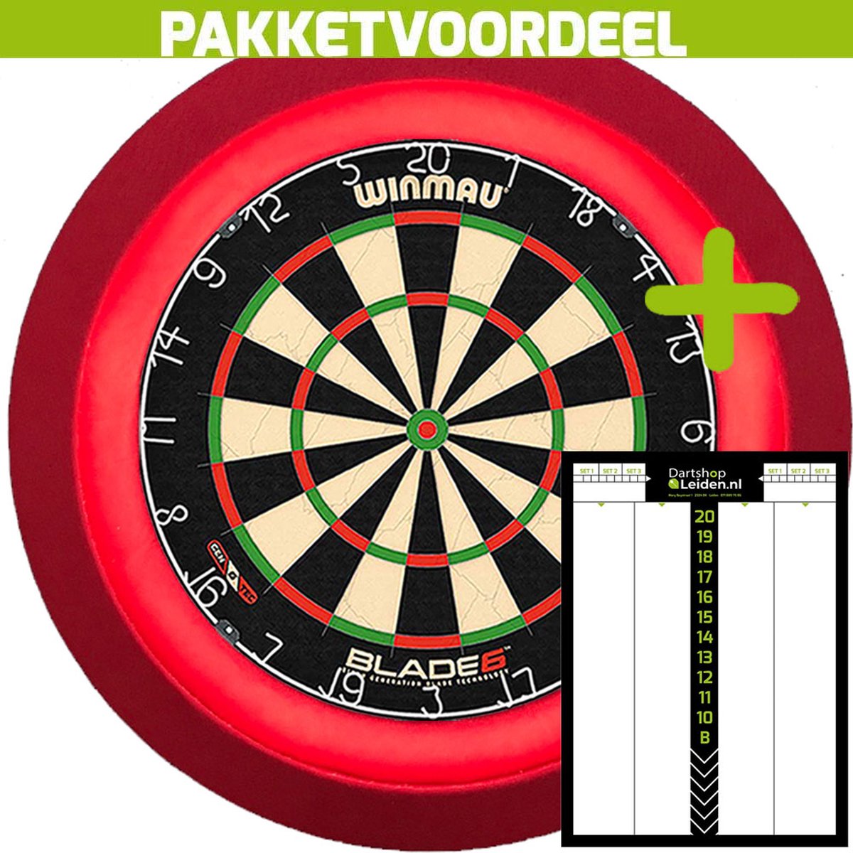 Winmau Blade 6 Dartbord + Dartbordverlichting Deluxe (Rood) + Dart Scorebord Deluxe (21*30)