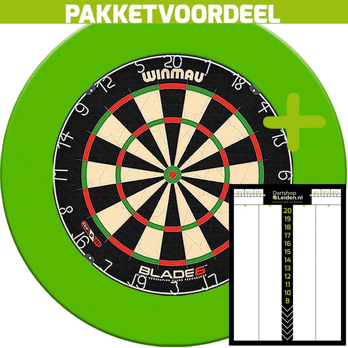 Winmau Blade 6 Dartbord + Rubberen Surround (Lime) + Dart Scorebord Deluxe (42*30)