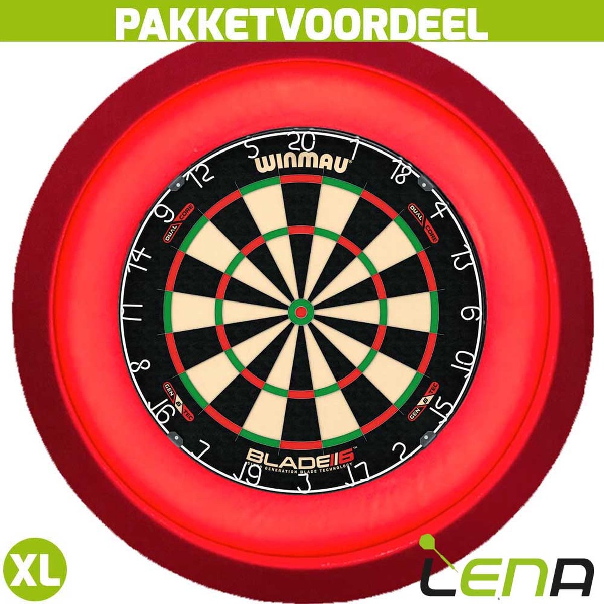 Winmau Blade 6 Dual Core + Lena Dartbordverlichting Deluxe XL (Rood)