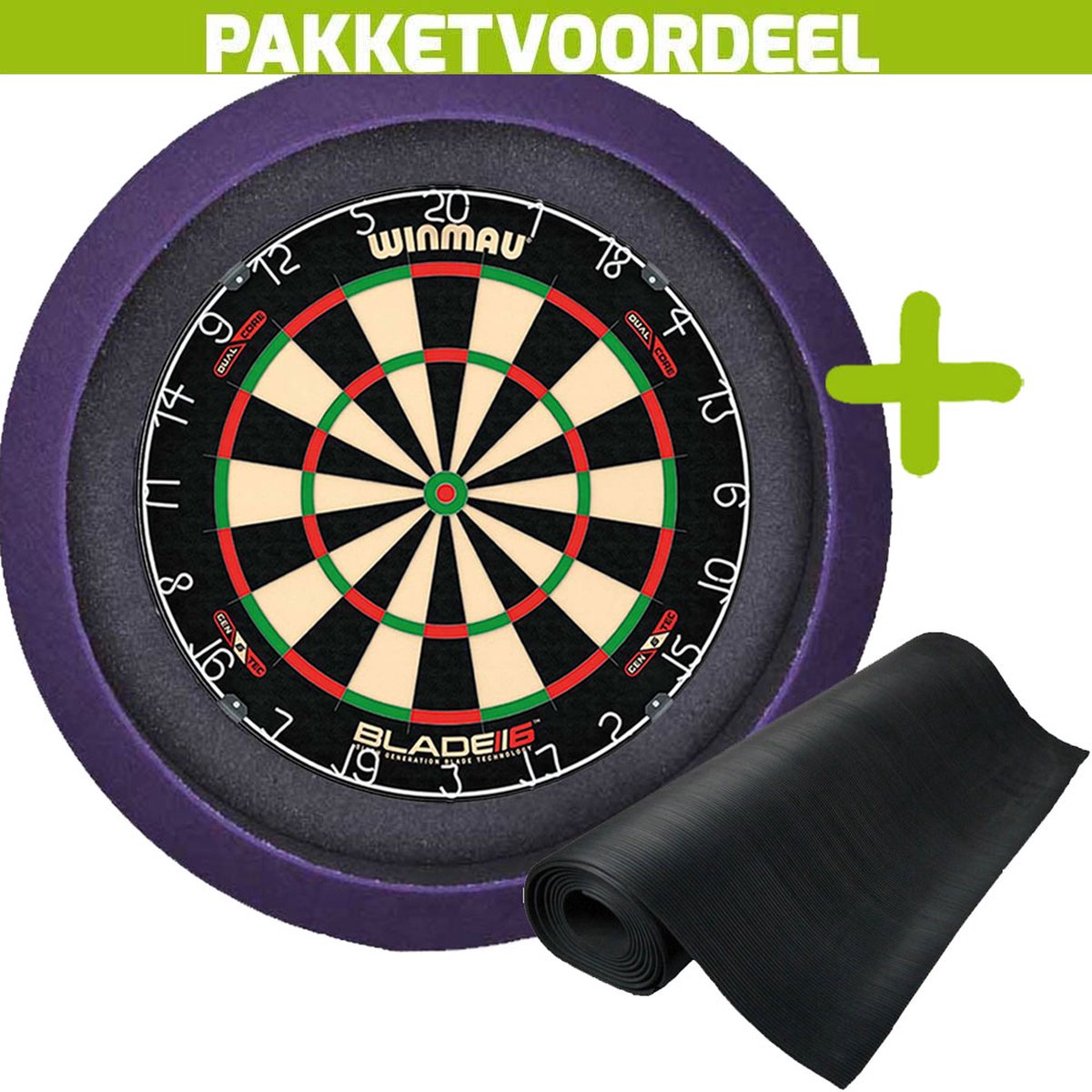 Winmau Blade 6 Dual Core + Rubberen Dartmat 120*250 + Dartbordverlichting Basic (Paars)