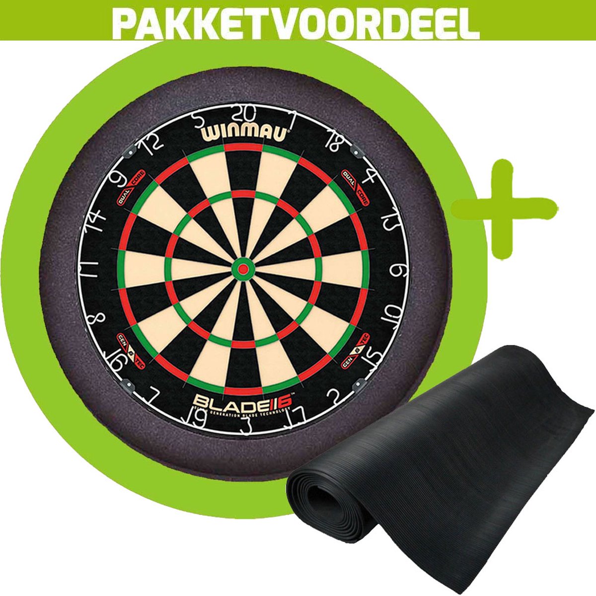 Winmau Blade 6 Dual Core + Rubberen Dartmat 120*300 + Dartbordverlichting Basic (Lime)