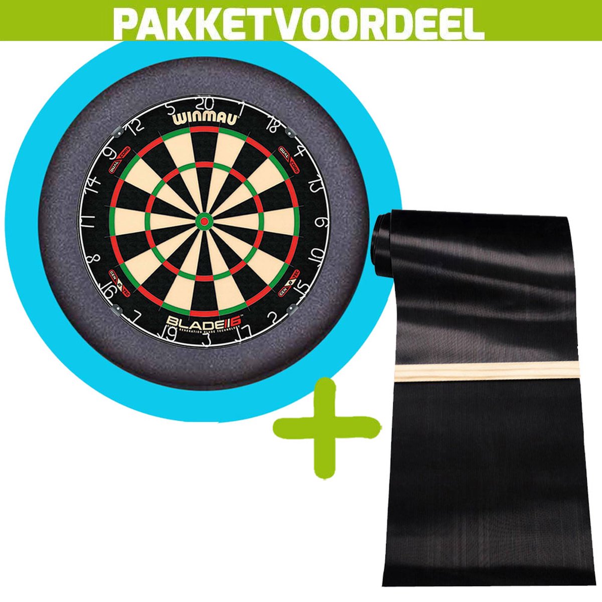 Winmau Blade 6 Dual Core + Rubberen Dartmat 120*300 incl oche + Dartbordverlichting Basic XL (Aqua)