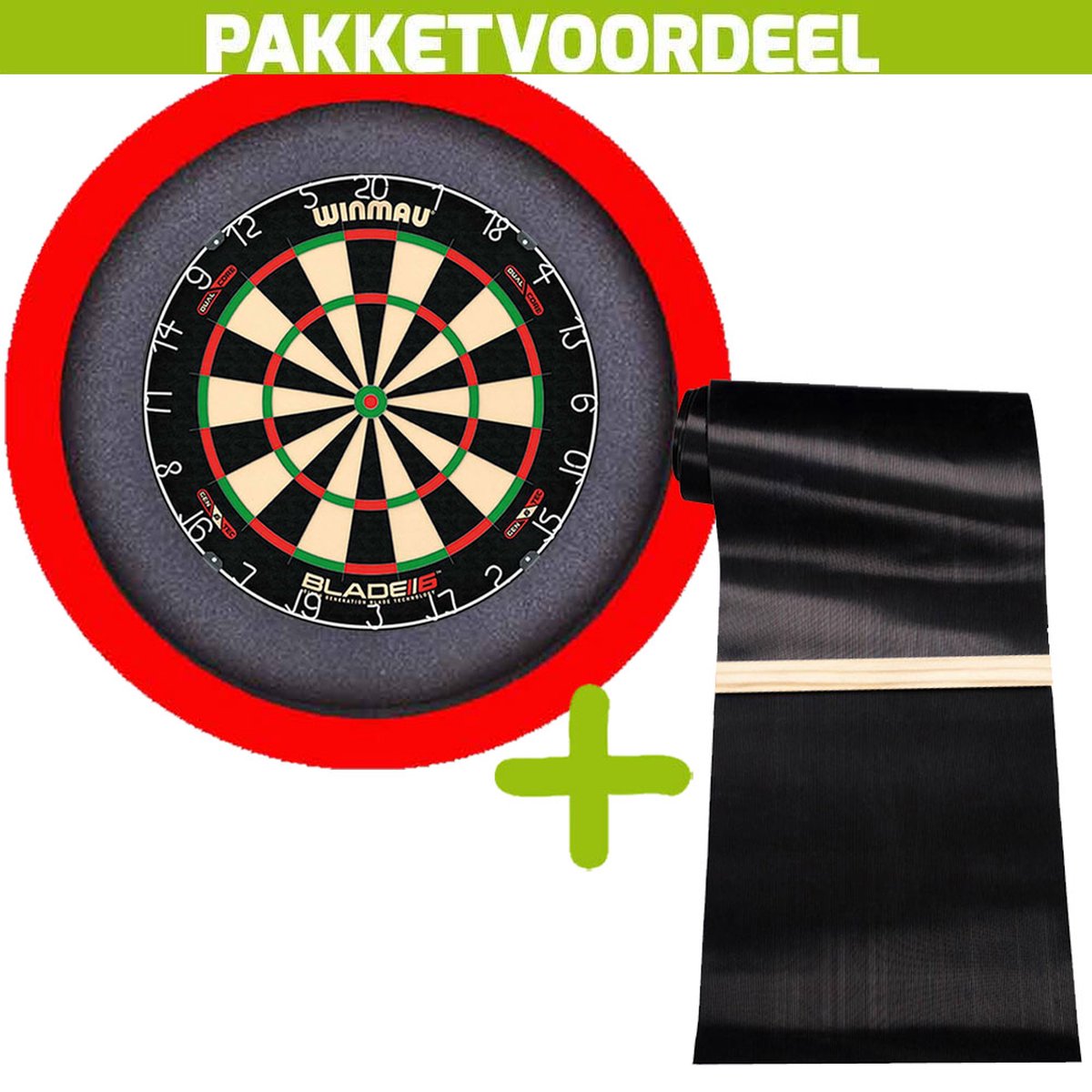 Winmau Blade 6 Dual Core + Rubberen Dartmat 120*300 incl oche + Dartbordverlichting Basic XL (Rood)