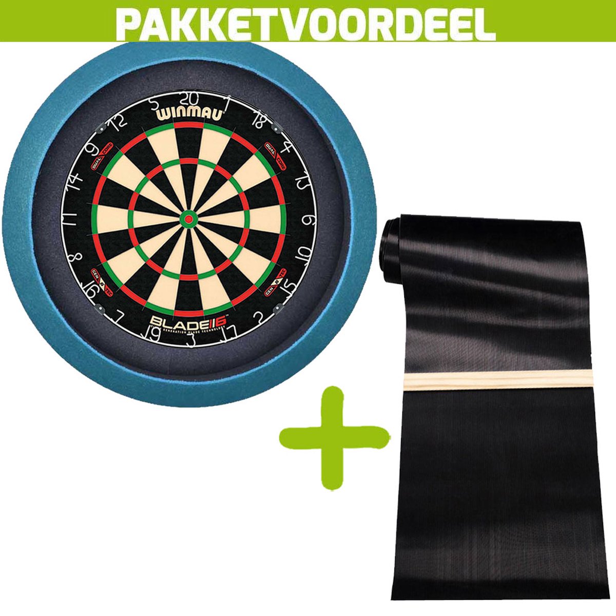 Winmau Blade 6 Dual Core + Rubberen Dartmat 60*300 incl Oche + Dartbordverlichting Basic (Aqua)