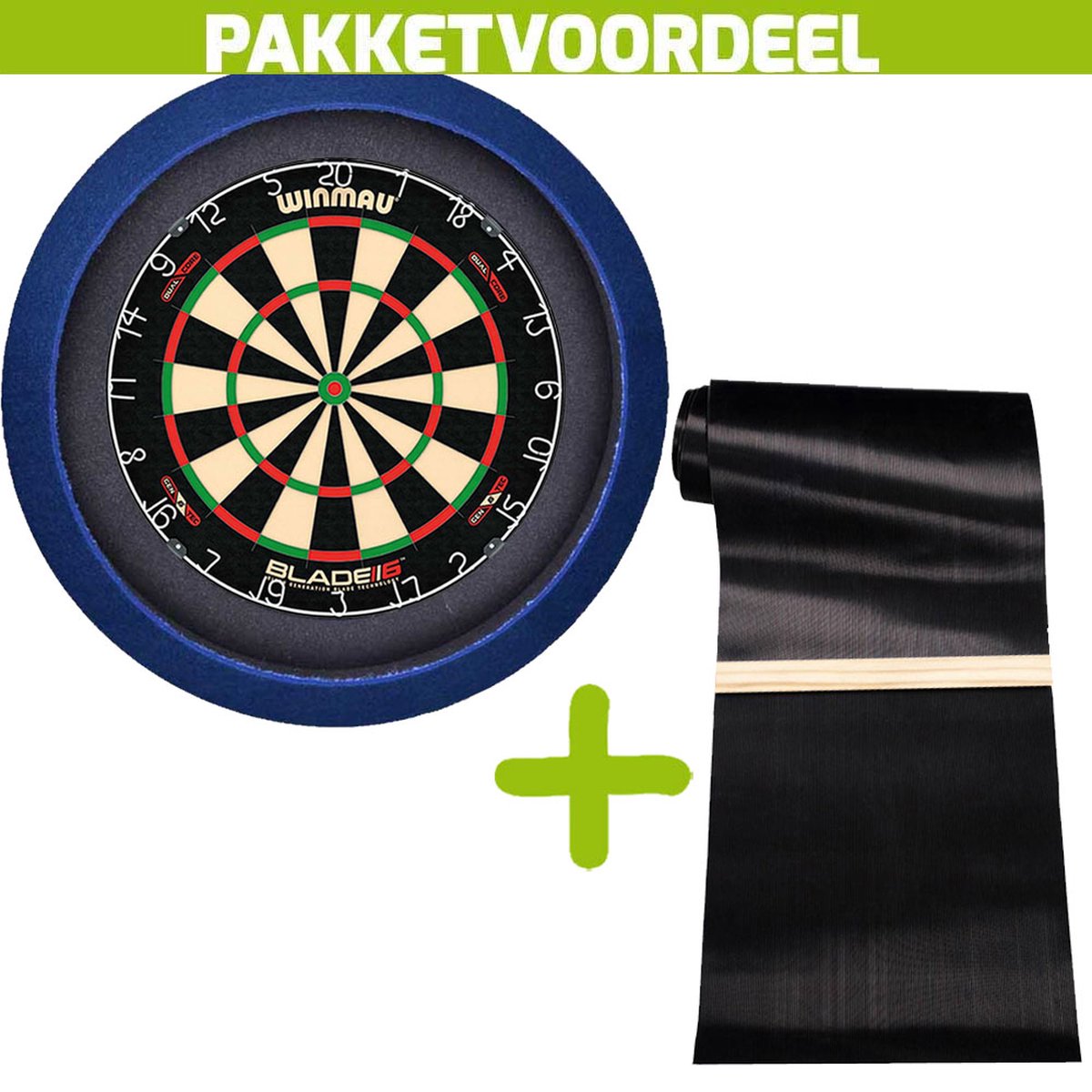 Winmau Blade 6 Dual Core + Rubberen Dartmat 60*300 incl Oche + Dartbordverlichting Basic (Blauw)