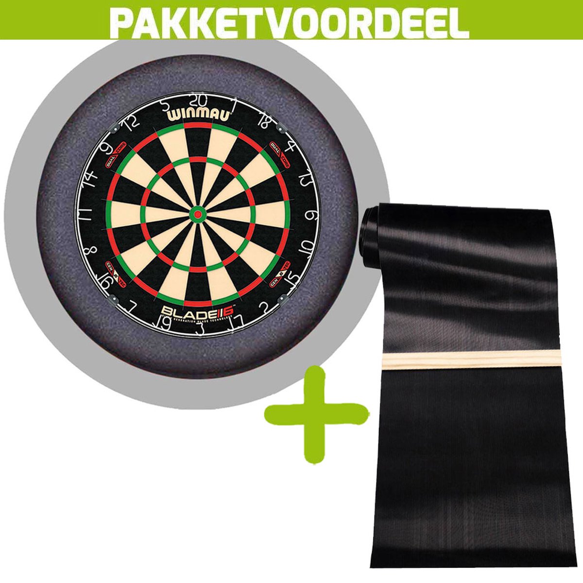 Winmau Blade 6 Dual Core + Rubberen Dartmat 90*300 incl oche + Dartbordverlichting Basic XL (Grijs)