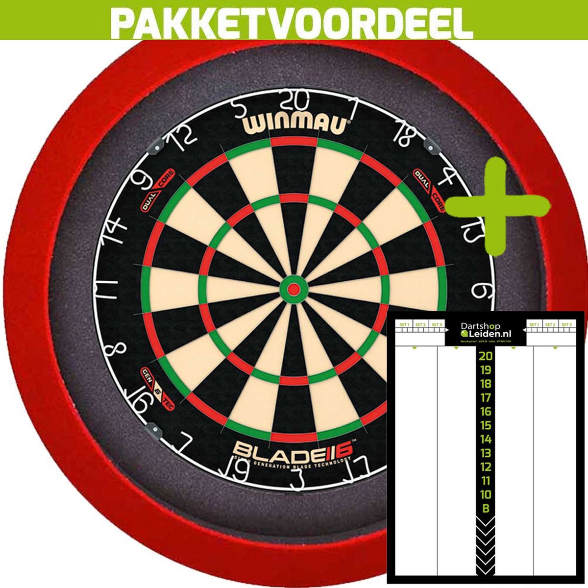 Winmau Blade 6 Dual Core Dartbord + Dartbordverlichting Basic (Rood) + Dart Scorebord Deluxe (21*30)