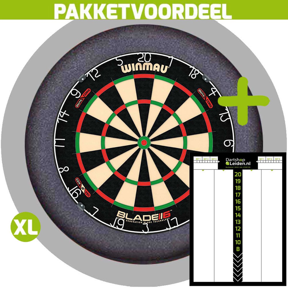 Winmau Blade 6 Dual Core Dartbord + Dartbordverlichting Basic XL (Grijs) + Dart Scorebord Deluxe (42*30)