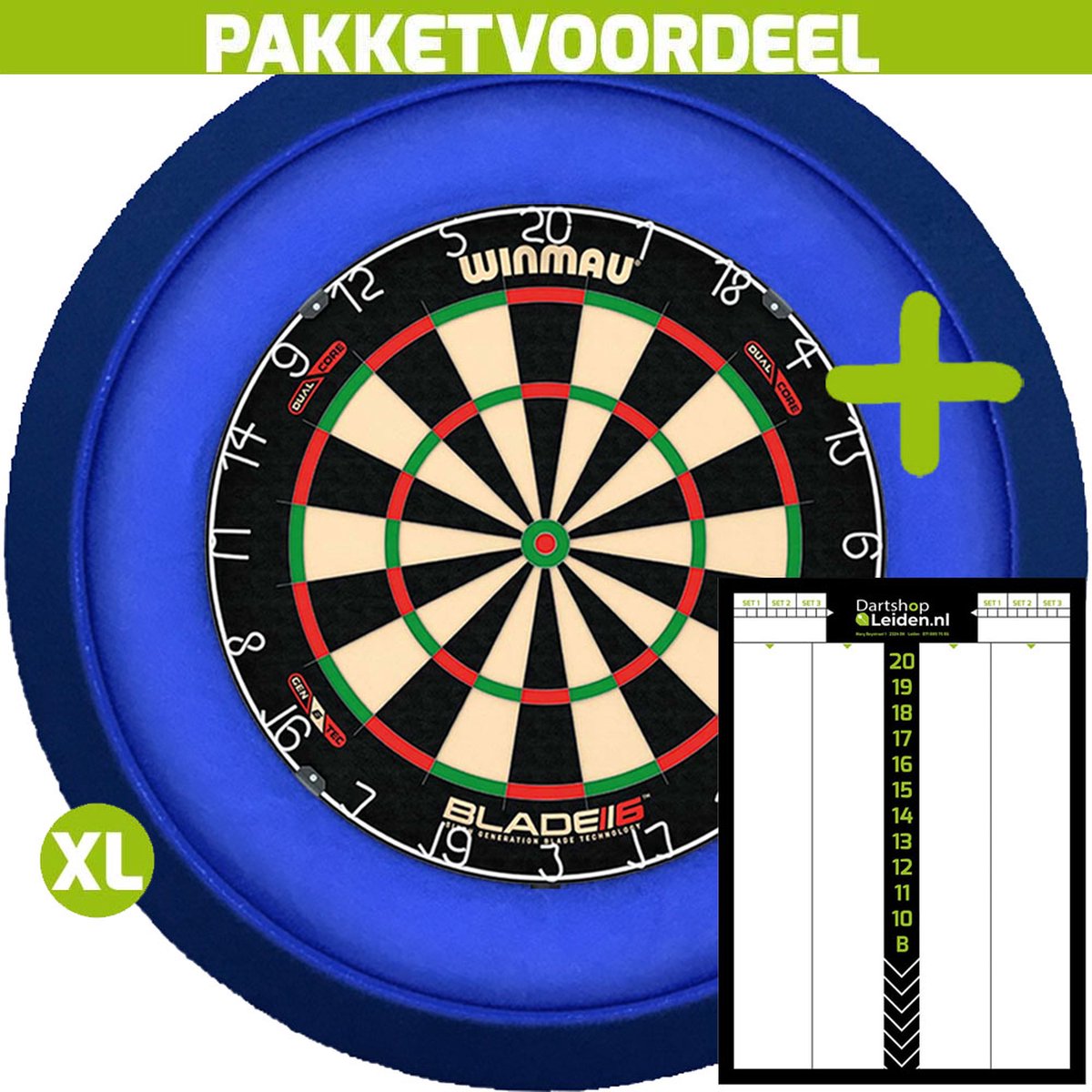 Winmau Blade 6 Dual Core Dartbord + Dartbordverlichting Deluxe XL (Blauw) + Dart Scorebord Deluxe (21*30)