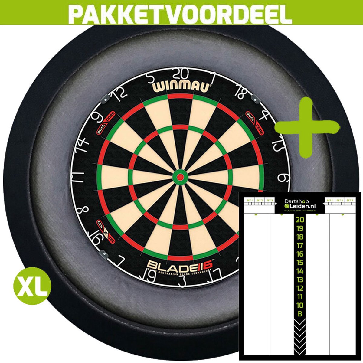 Winmau Blade 6 Dual Core Dartbord + Dartbordverlichting Deluxe XL (Zwart) + Dart Scorebord Deluxe (21*30)