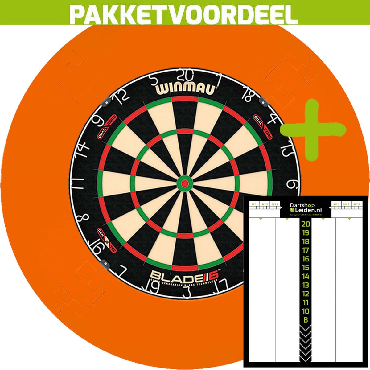 Winmau Blade 6 Dual Core Dartbord + EVA Surround (Oranje) + Dart Scorebord Deluxe (42*30)