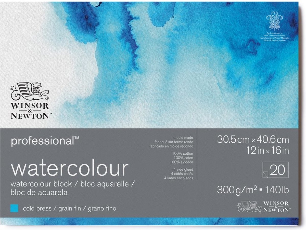 Professioneel Aquarelblok 300 grams 20 vel rondom verlijmd 100% Katoen 22.9 x 30.5 cm