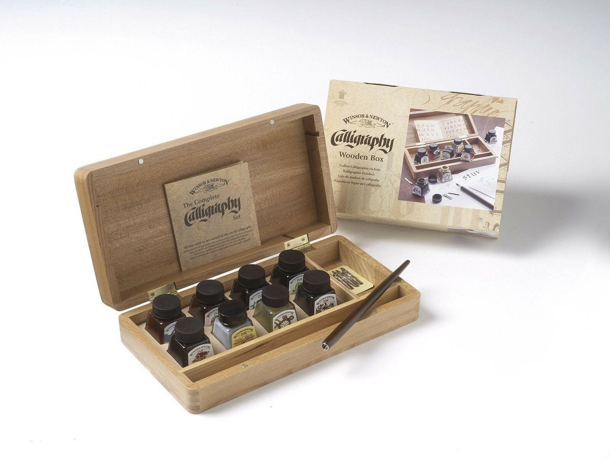 WINSOR & NEWTON / Calligraphy Wooden Box / Set in houten kist / 8 flesje inkt / Penhouder met 5 Kroontjes