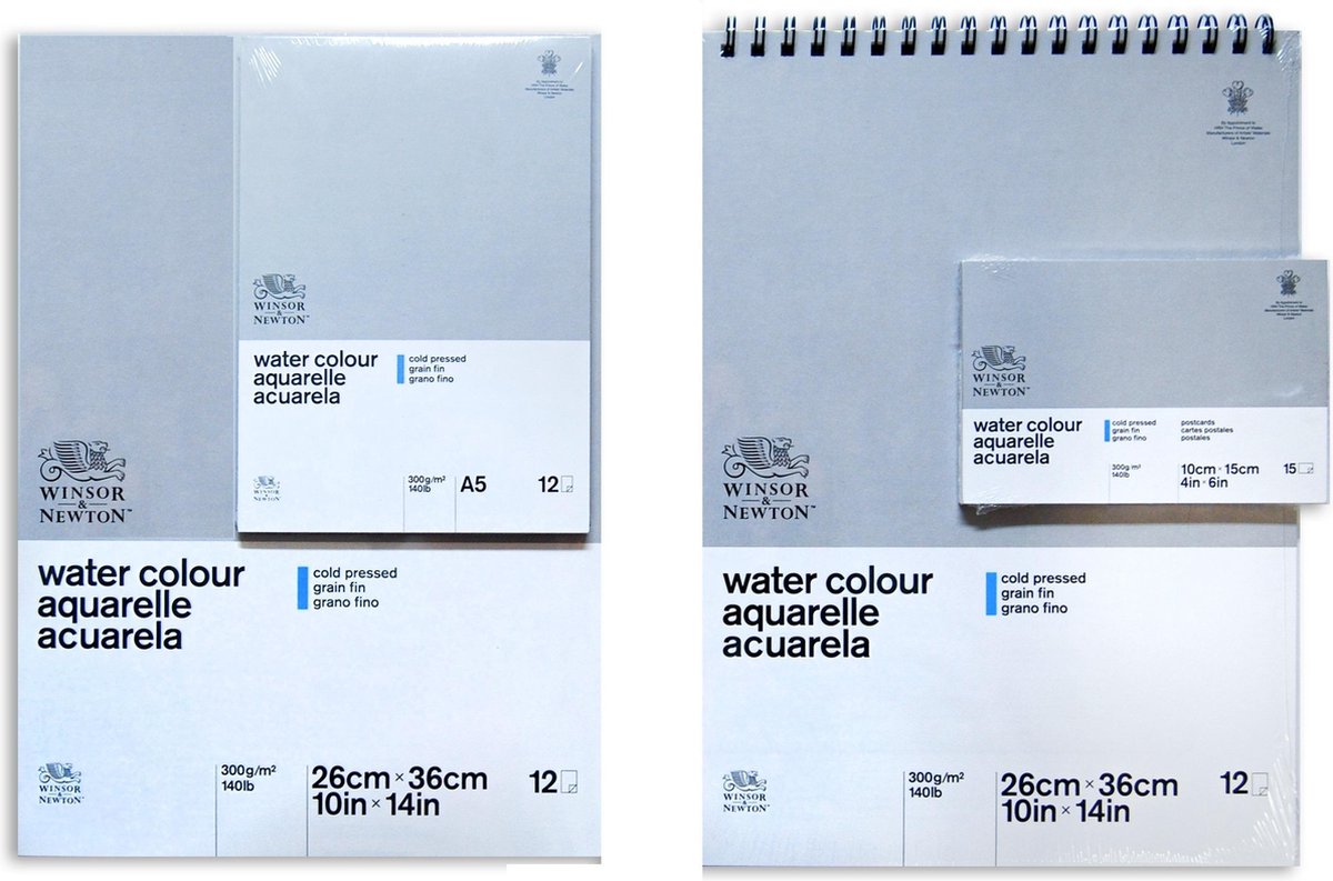 WINSOR & NEWTON / Classic Aquarelpapier Set / 2 x Papierblok 36x26 cm 12 vellen - 1 x Papierblok A5 - 1 x Papierblok 10x15cm / 300 grams papier.