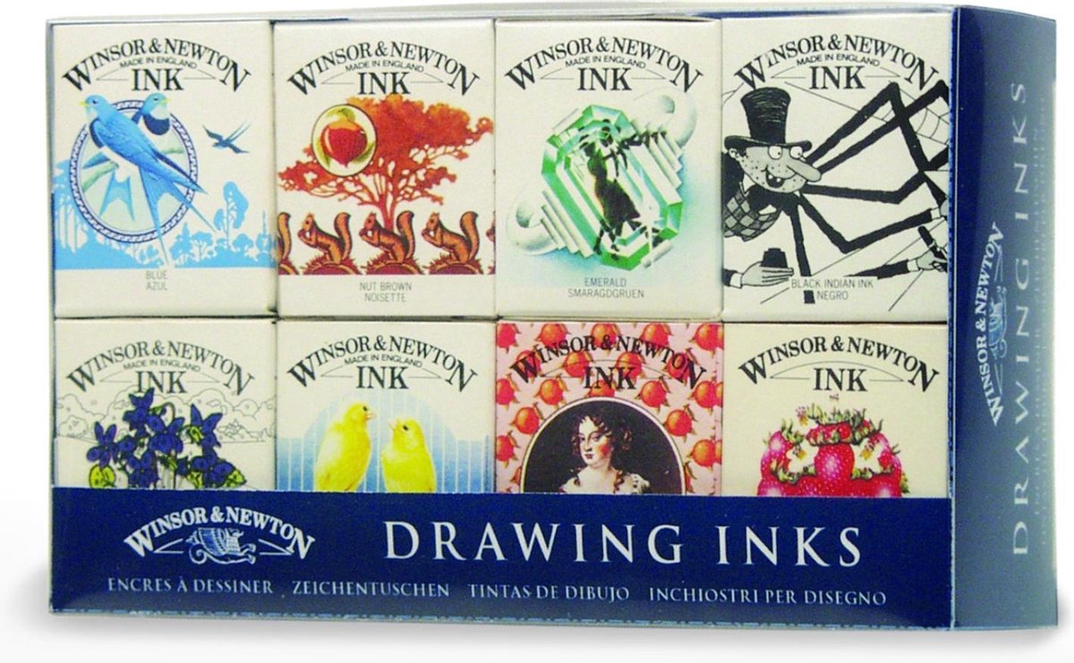 WINSOR & NEWTON™ Drawing inks  / Henry tekeninkt set / 8 Inktflesjes in verschillende kleuren x 14ml