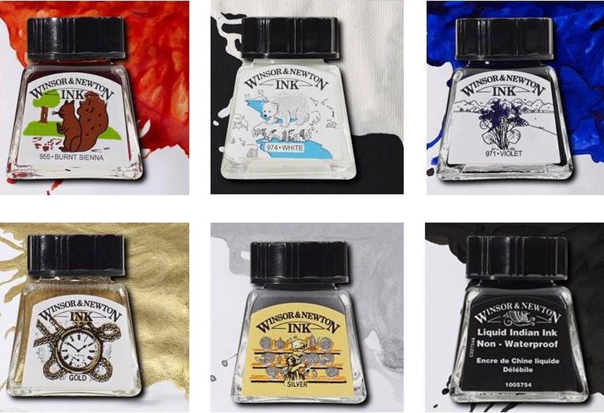 WINSOR & NEWTON™ Drawing inks / Tekeninkt / 6 Inktflesjes in verschillende kleuren / 14ml