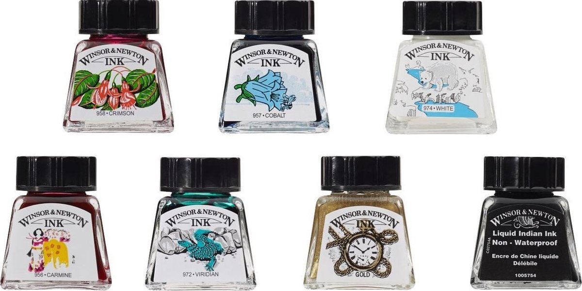 WINSOR & NEWTON™ Drawing inks / Tekeninkt / 7 Inktflesjes in verschillende kleuren / 14ml / Indian (zwart) - Gold (goud) - White (wit) - Cobalt (blauw) - Carmine ( karmijnrood) -  Virdian (groen) - Crimson ( Scharlakenrood )