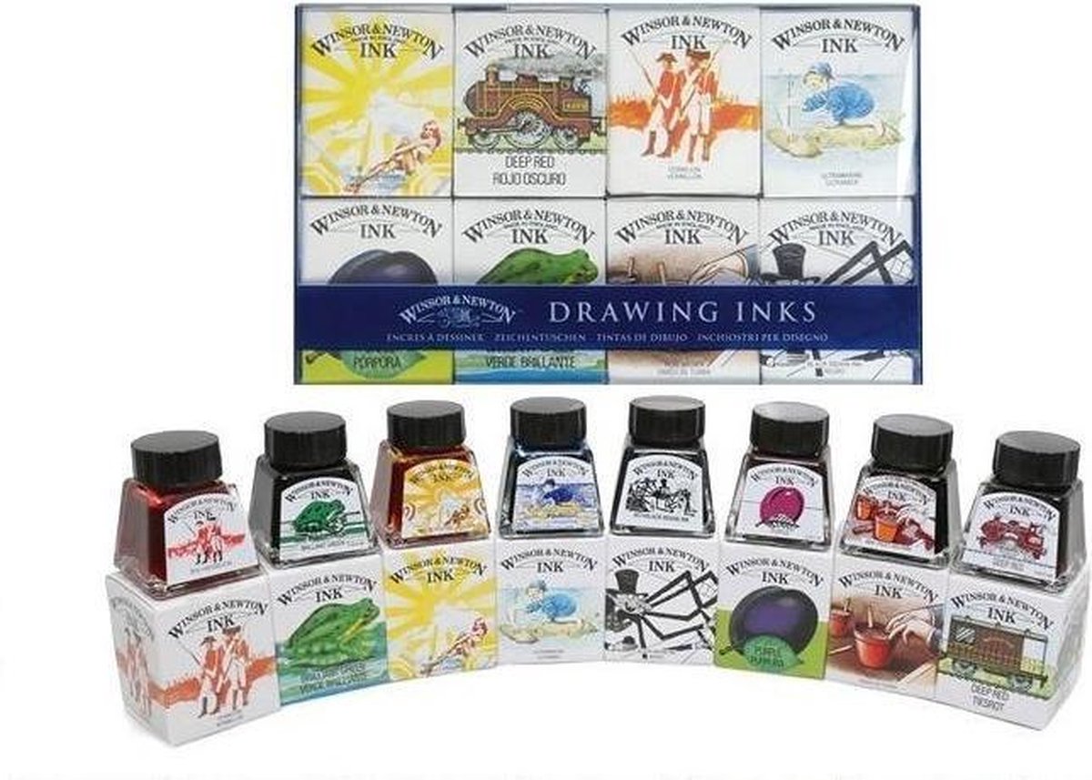 WINSOR & NEWTON™ Drawing inks / William tekeninkt set / 8 Inktflesjes in verschillende kleuren