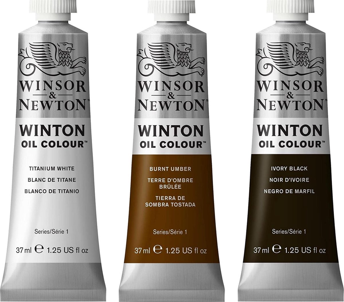 Winsor&Newton / Oil Colour / Olieverf / 3 Tubes x 37ml / Ivory Black - Burnt Umber - Titanium White