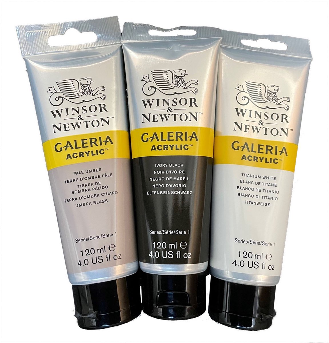 Winsor&Newton Galeria Acryl 120ml - Set a 3 tubes - Pale umber-Ivory black-Titanium white