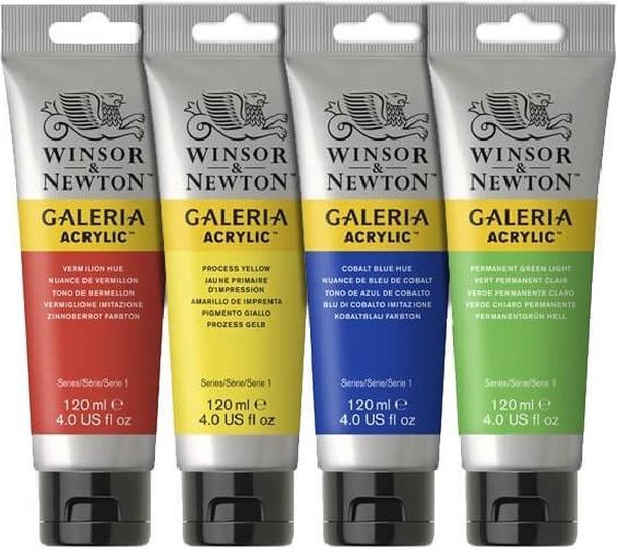 Winsor & Newton Galeria Acrylverf 120ml / 4 Kleuren Cobalt Hue - Vermilion Hue - Process Yellow - Permanent Green Light.