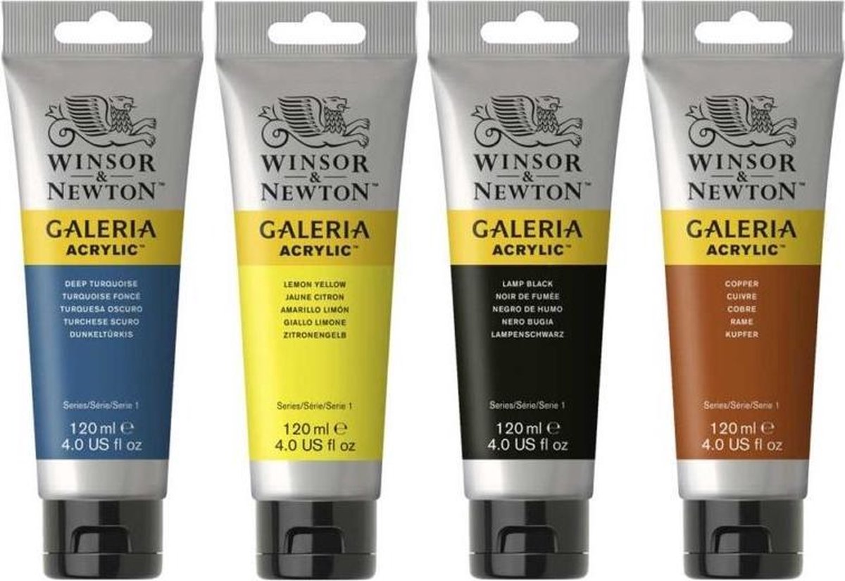 Winsor & Newton Galeria Acrylverf 120ml / 4 Kleuren in 1 Set / Deep Turquoise - Lemon Yellow Hue - Copper - Lamp Black