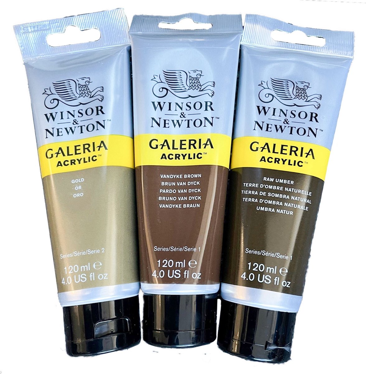 Winsor & Newton Galeria acryl 120 ML - set  a 3 tubes - Gold-Vandycke brown-Raw umber