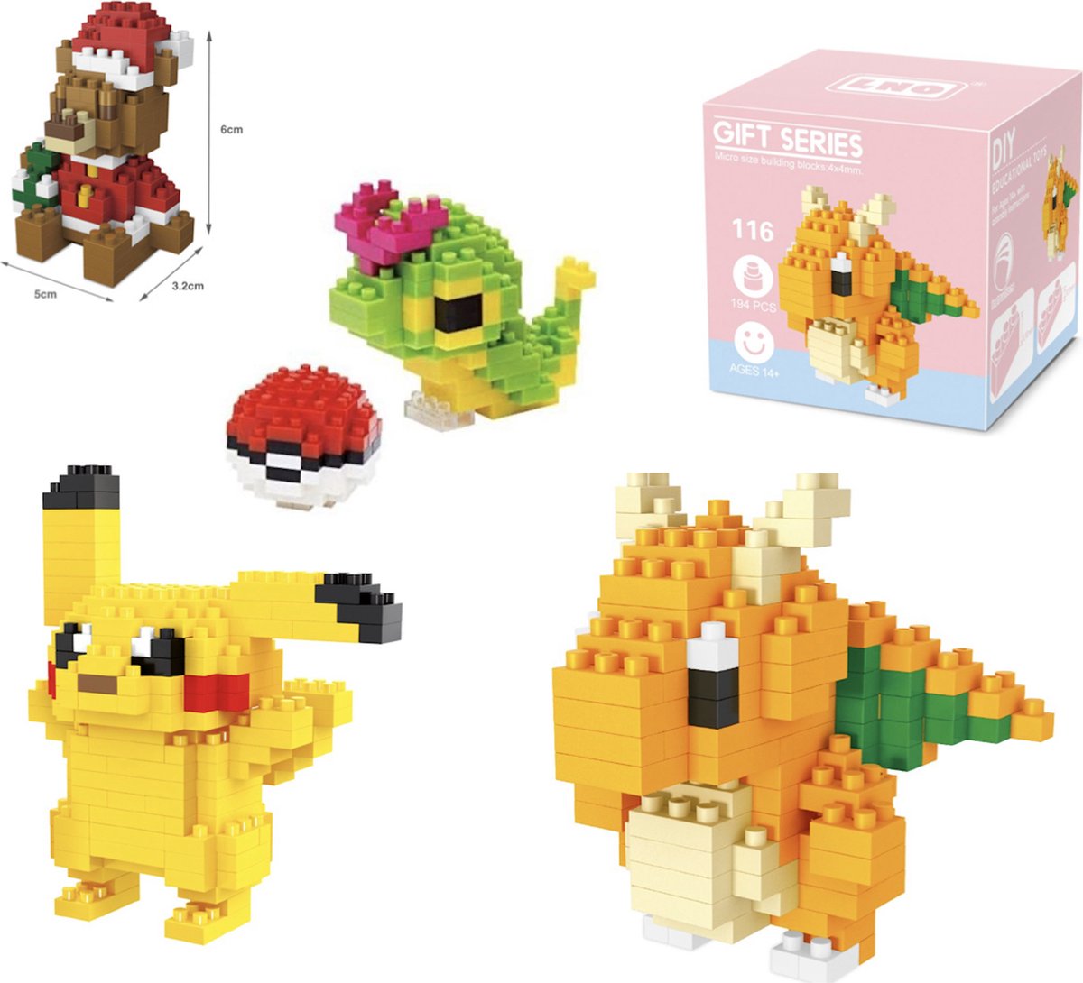 Wise Hawk 4 IN 1 PACK Nanoblocks met GRATIS Kerst Kado - Pokemon - Kerst Bear - Mini Bouwstenen - 3D Puzzel - Nano block