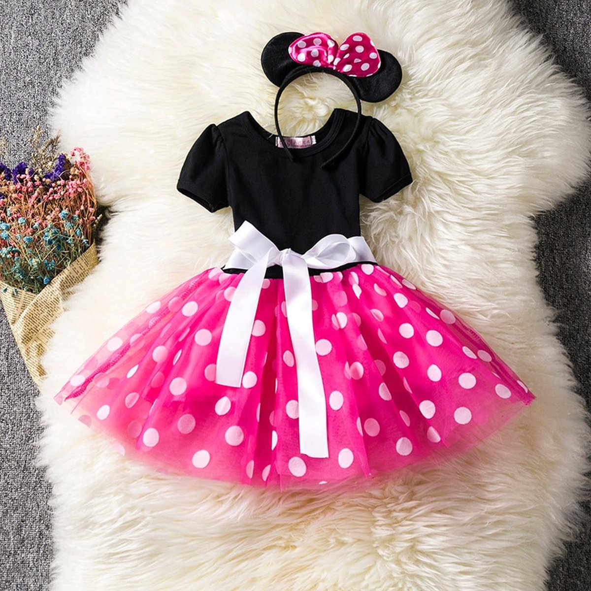 WiseGoods Luxe Minnie Mouse Kostuum & Haarband - Carnaval - Halloween - Verkleedkleren Meisjes - Speelgoed - Roze - 104/110