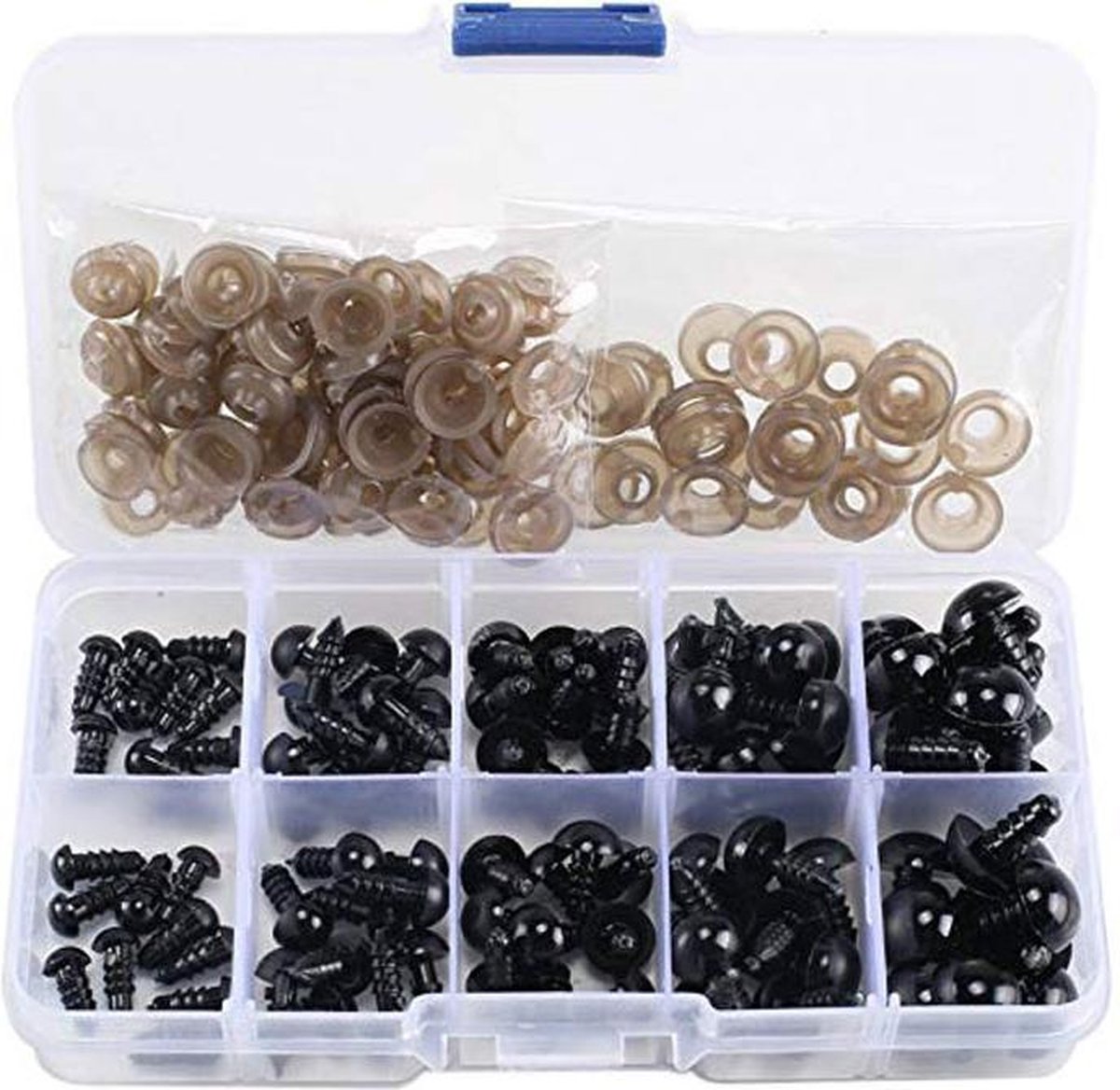 WiseGoods Premium Veiligheidsoogjes Inclusief Sluitring - Knuffels Reparatie - Zwart - Opbergdoos met 100 Stuks - 6,8,9,10 & 12 MM