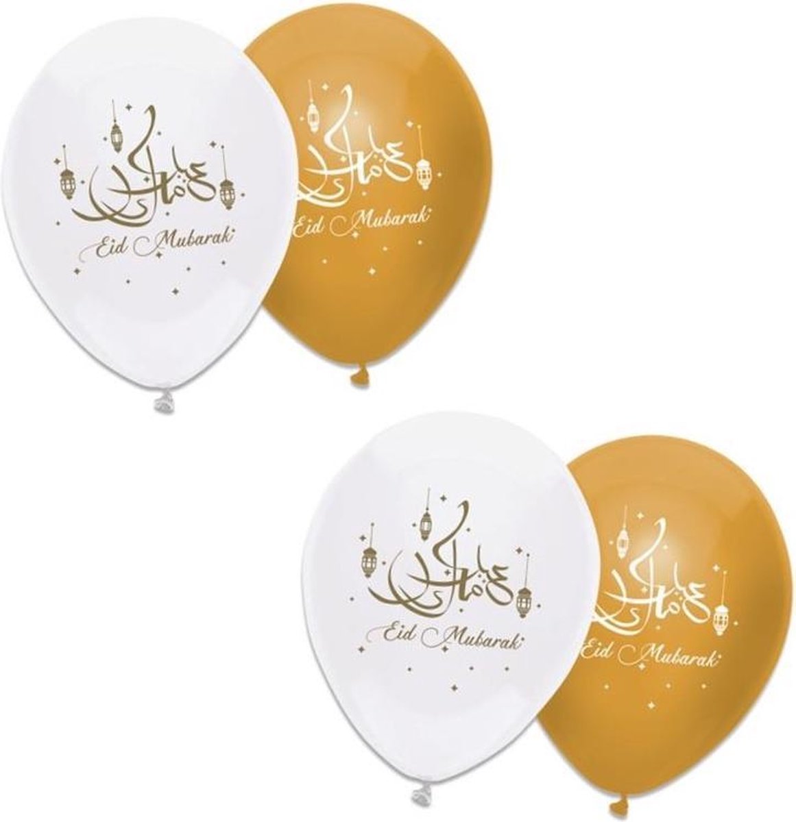 12x stuks Ramadan Mubarak thema ballonnen wit/goud 30 cm - Suikerfeest/offerfeest versieringen/decoraties