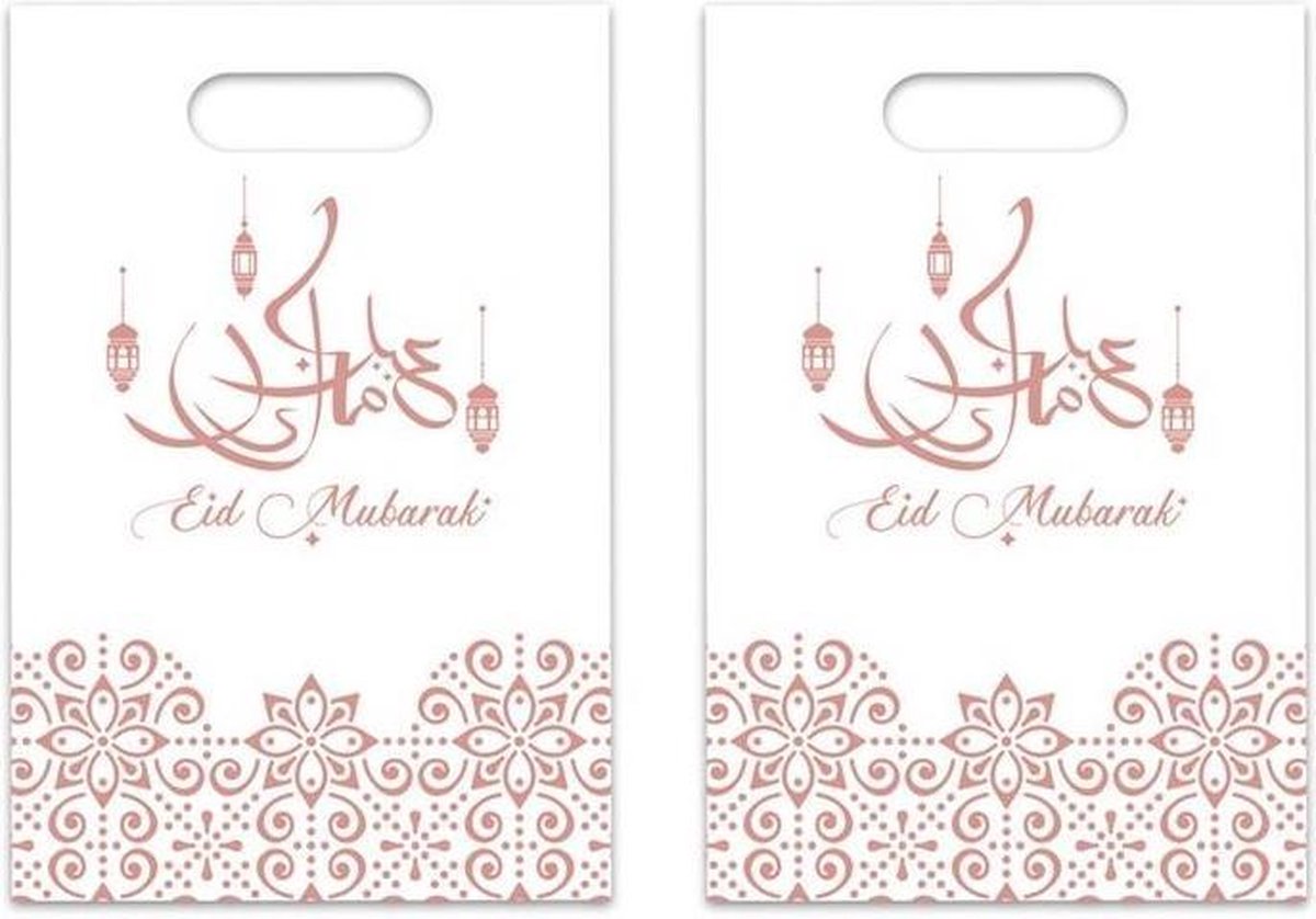 24x stuks Ramadan Mubarak thema feestzakjes/uitdeelzakjes wit/rose goud 23 x 17 cm - Suikerfeest/offerfeest