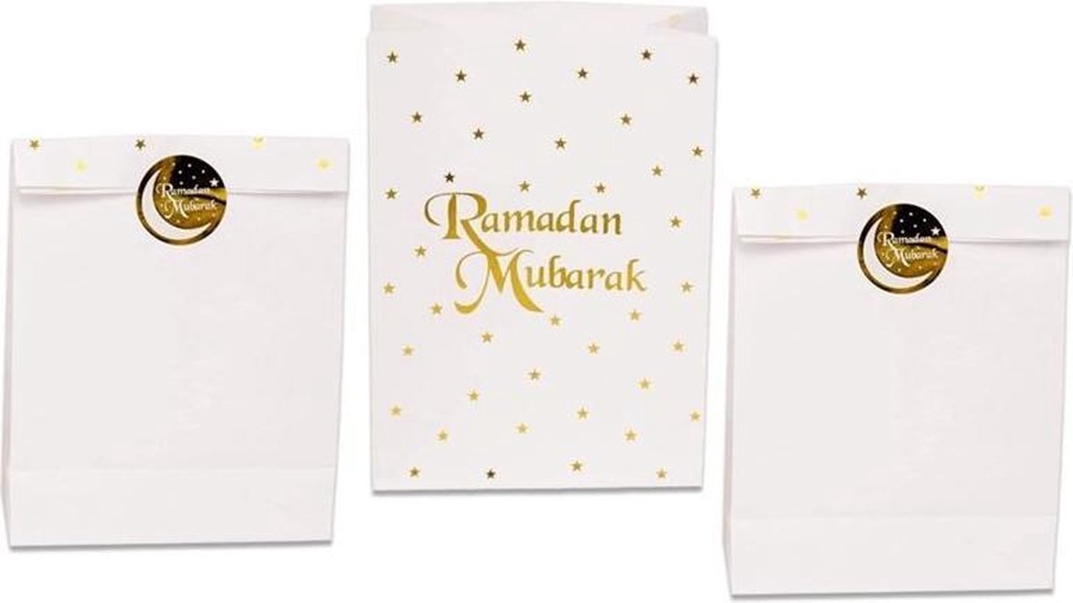 24x stuks Ramadan Mubarak thema papieren feestzakjes/uitdeelzakjes wit/goud 23 x 17 cm - Suikerfeest/offerfeest